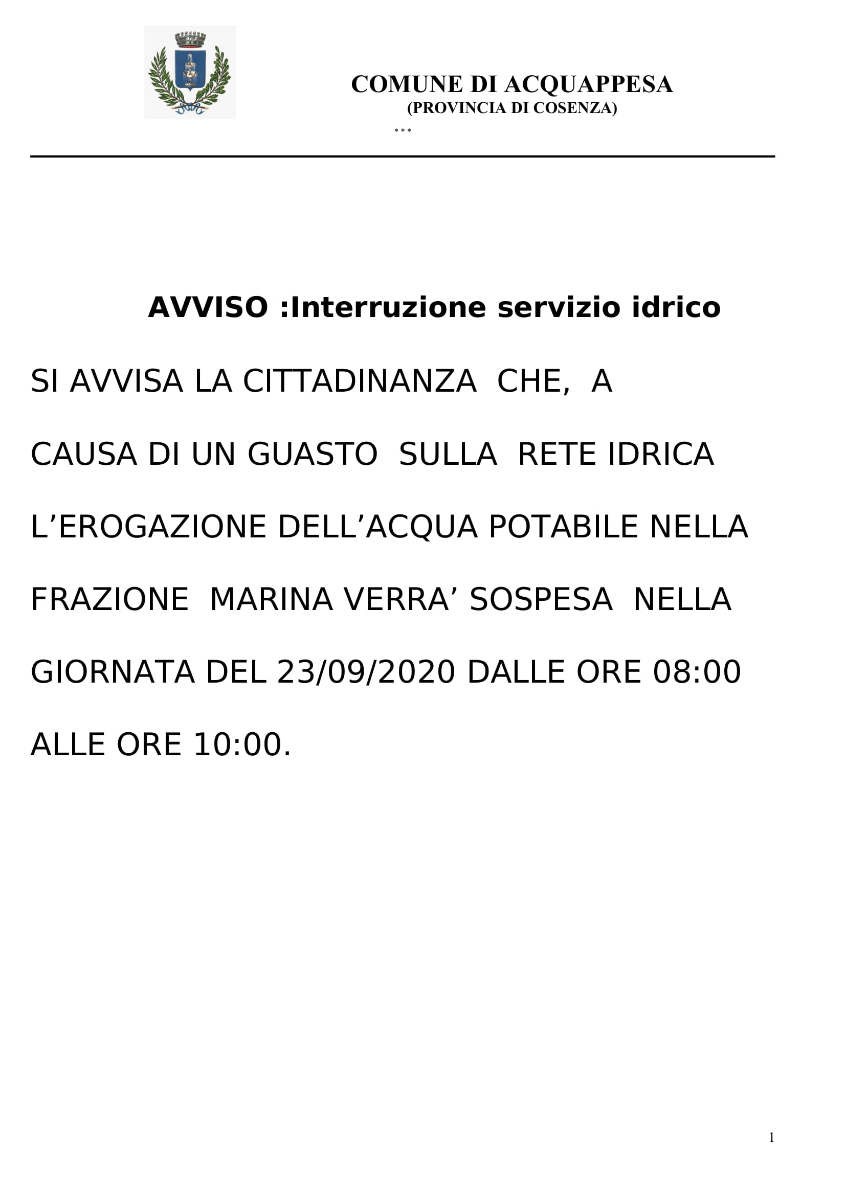 INTERRUZIONE SERVIZIO IDRICO