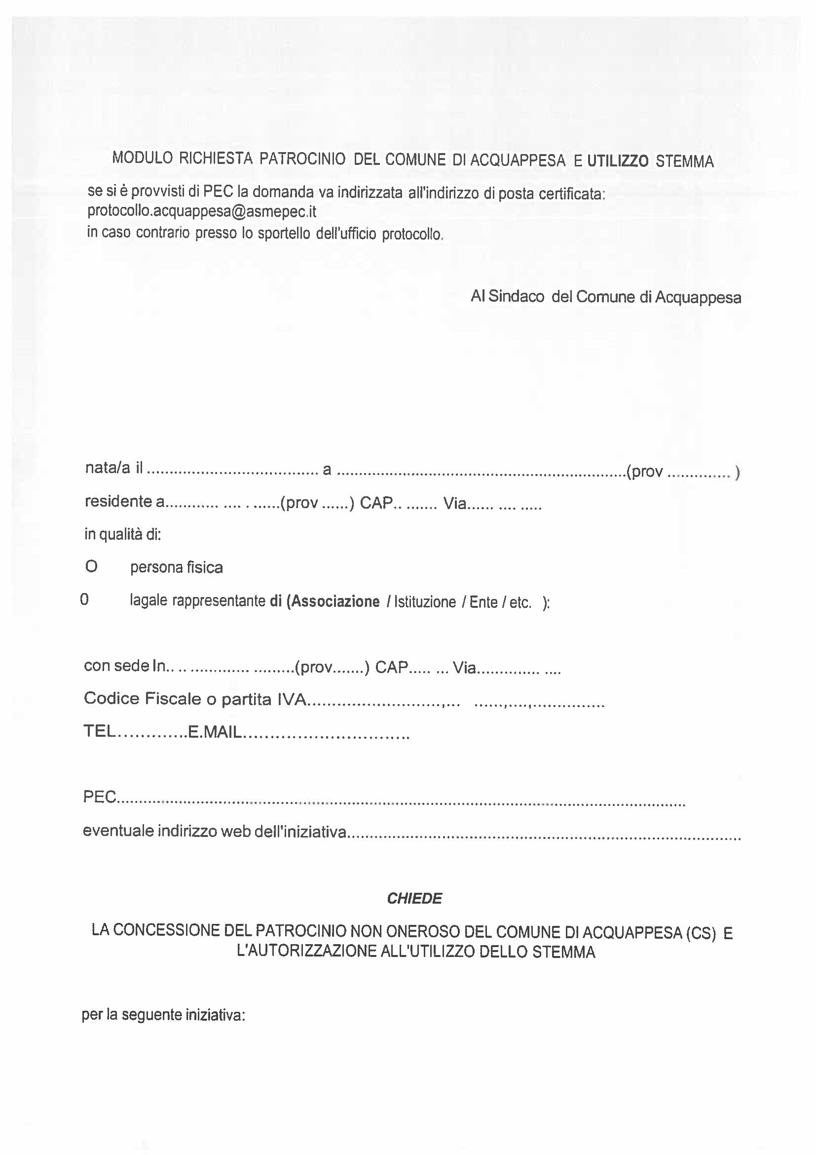 MODULO DI RICHIESTA PATROCINIO DEL COMUNE DI ACQUAPPESA E UTILIZZO STEMMA