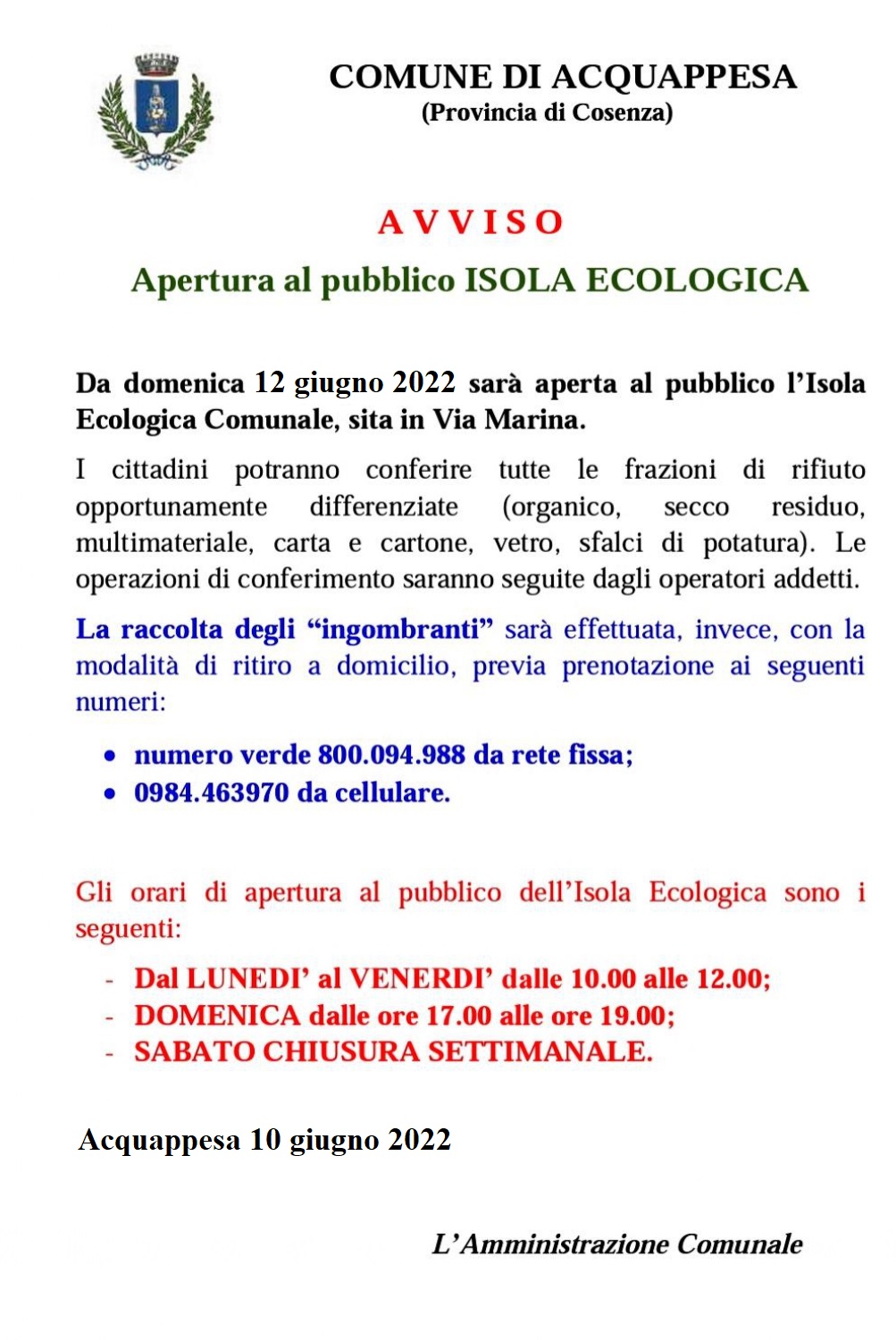 AVVISO ISOLA ECOLOGIACA
