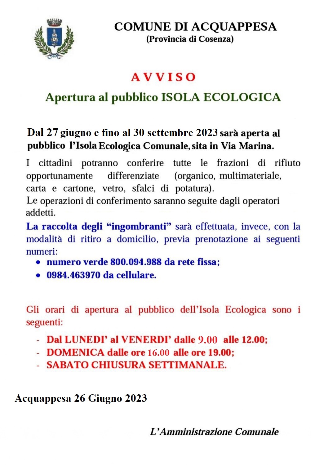 AVVISO ISOLA ECOLOGIACA